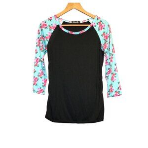 Black & Floral Raglan Sleeve Womens T Shirt Top Size L